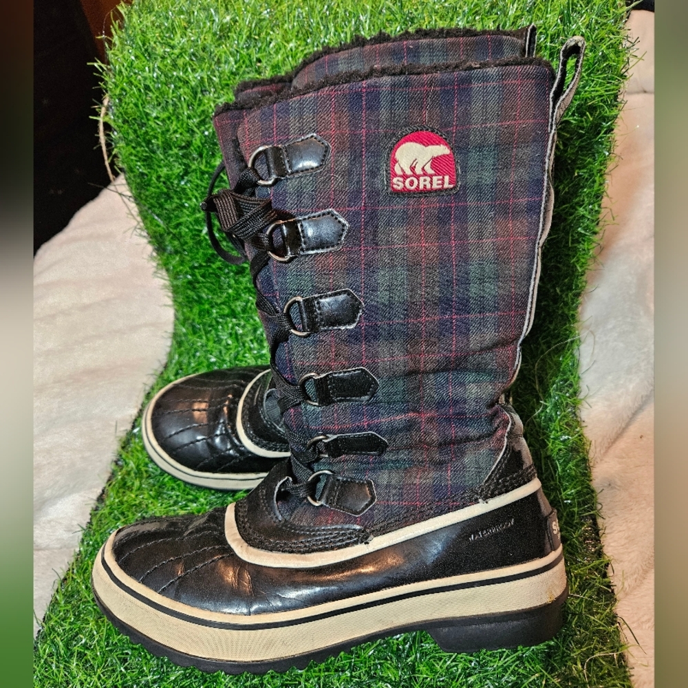 SOREL Women’s Trivoli Tall Lace Up Fleece Lined Blue Plaid Winter Boots Size 6